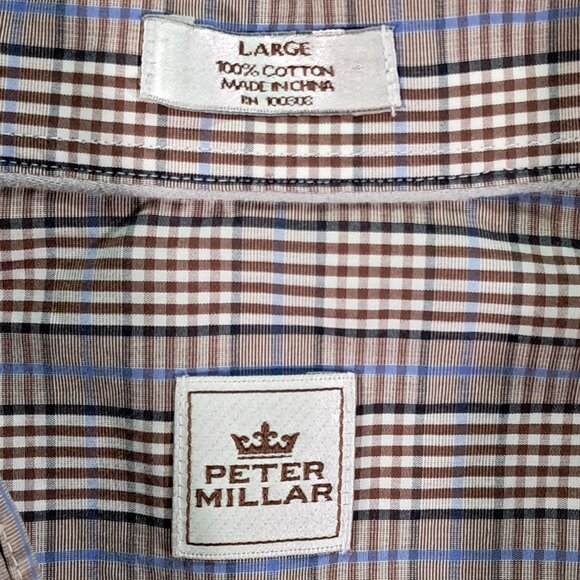Peter Millar Shirt Men Large Button Up Beige Blue Plaid 100% Cotton Long Sleeve - Picture 9 of 10